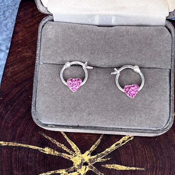 Pink Cubic Zironia Heart Sterling hoops Huggie Earrings love jewelry by JCM - Picture 7 of 8